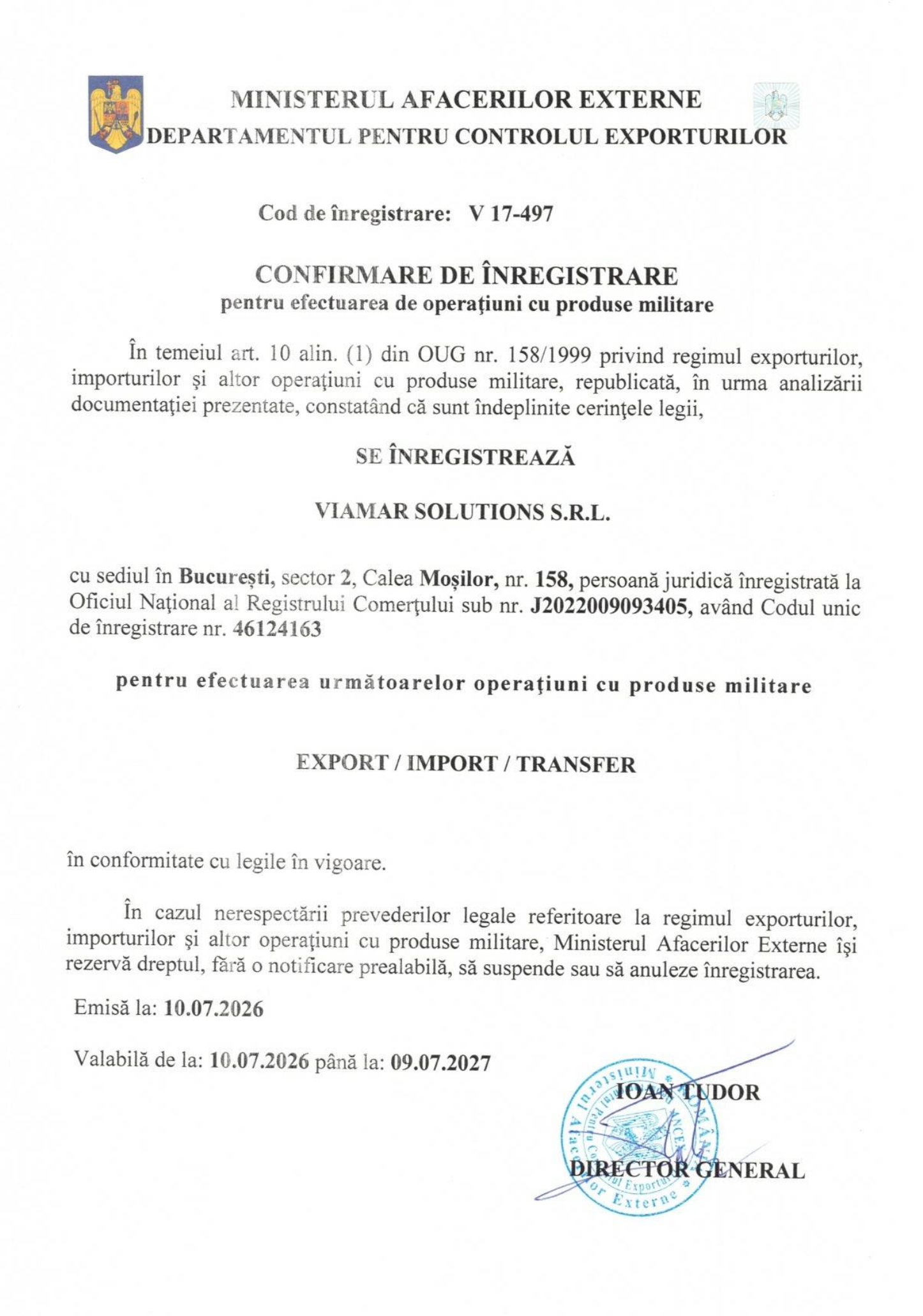 Previzualizarea certificatului oficial de înregistrare VIAMAR Solutions