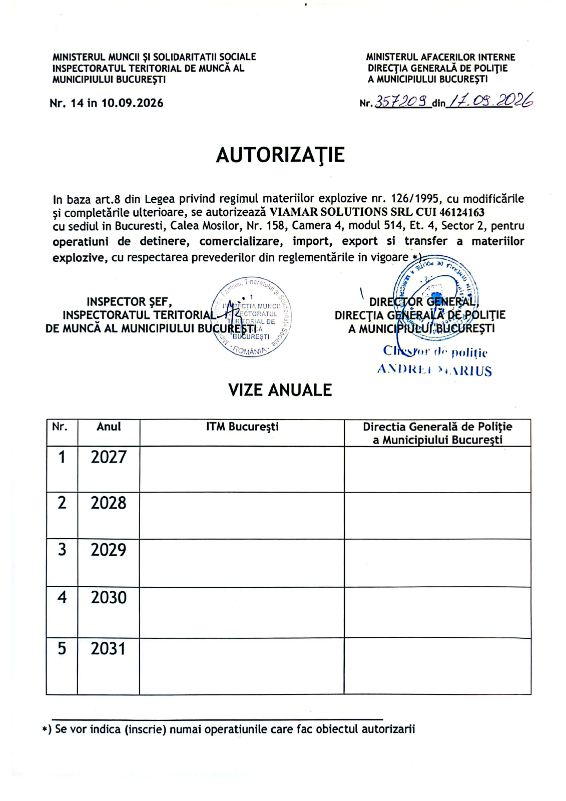 Previzualizarea autorizației VIAMAR Solutions